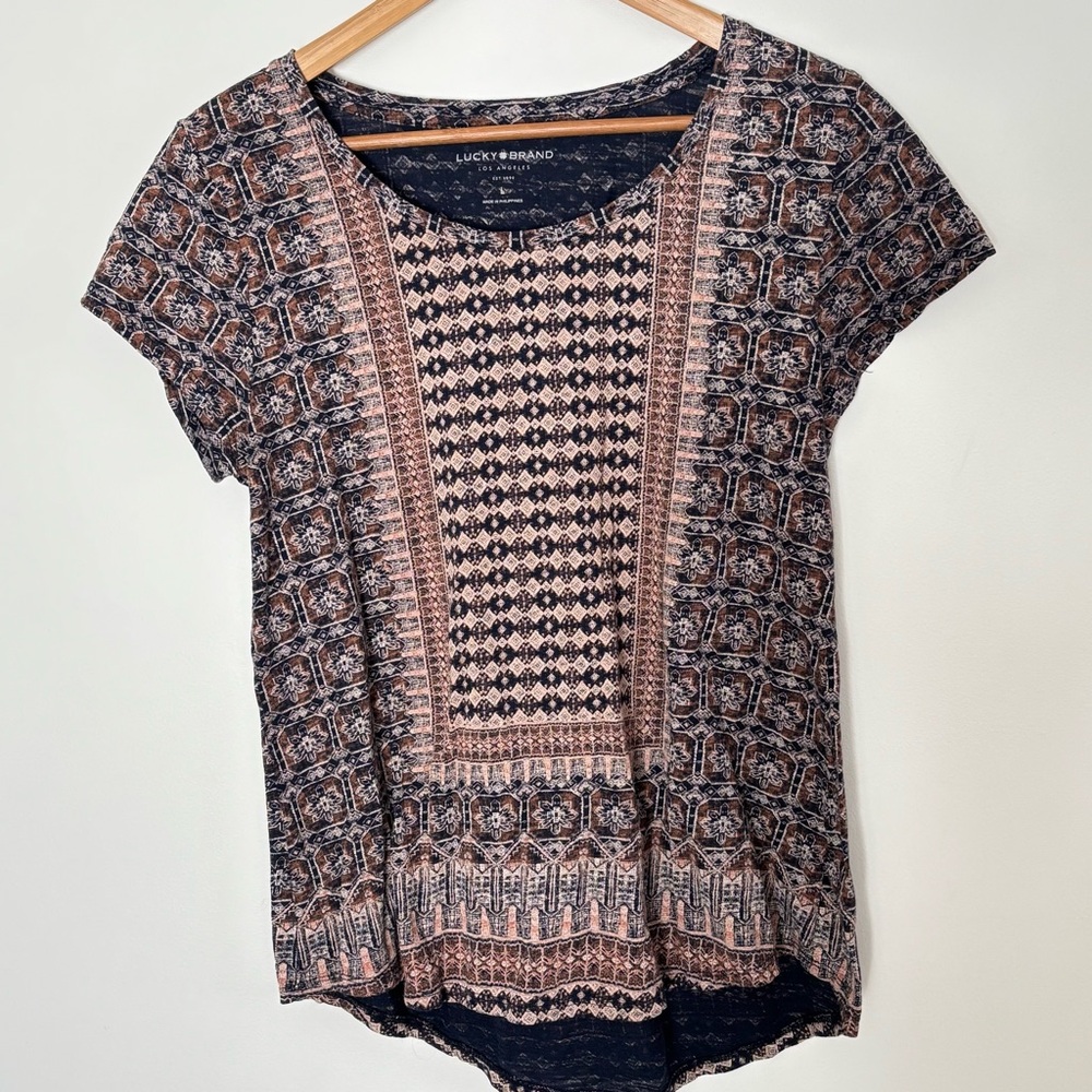 Lucky Brand Women's Boho Print Geometric Floral Blue Basic Tshirt Size Large n49
